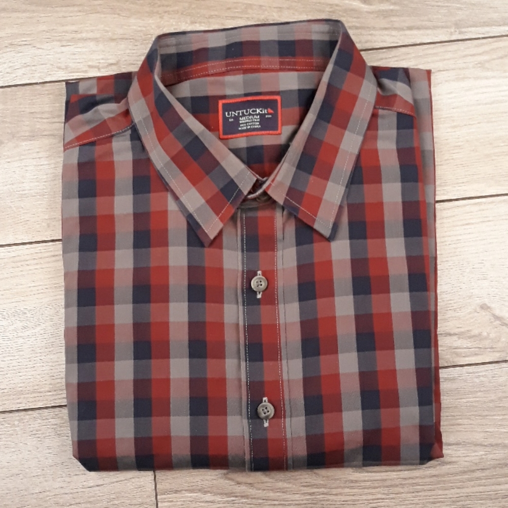 UNTUCKIT Wrinkle Free Dark‎ Red Navy Plaid Cotton Sz M Mens Long Sleeve Shirt